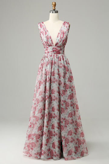 Grey and Pink Floral Long Bridesmaid Dress